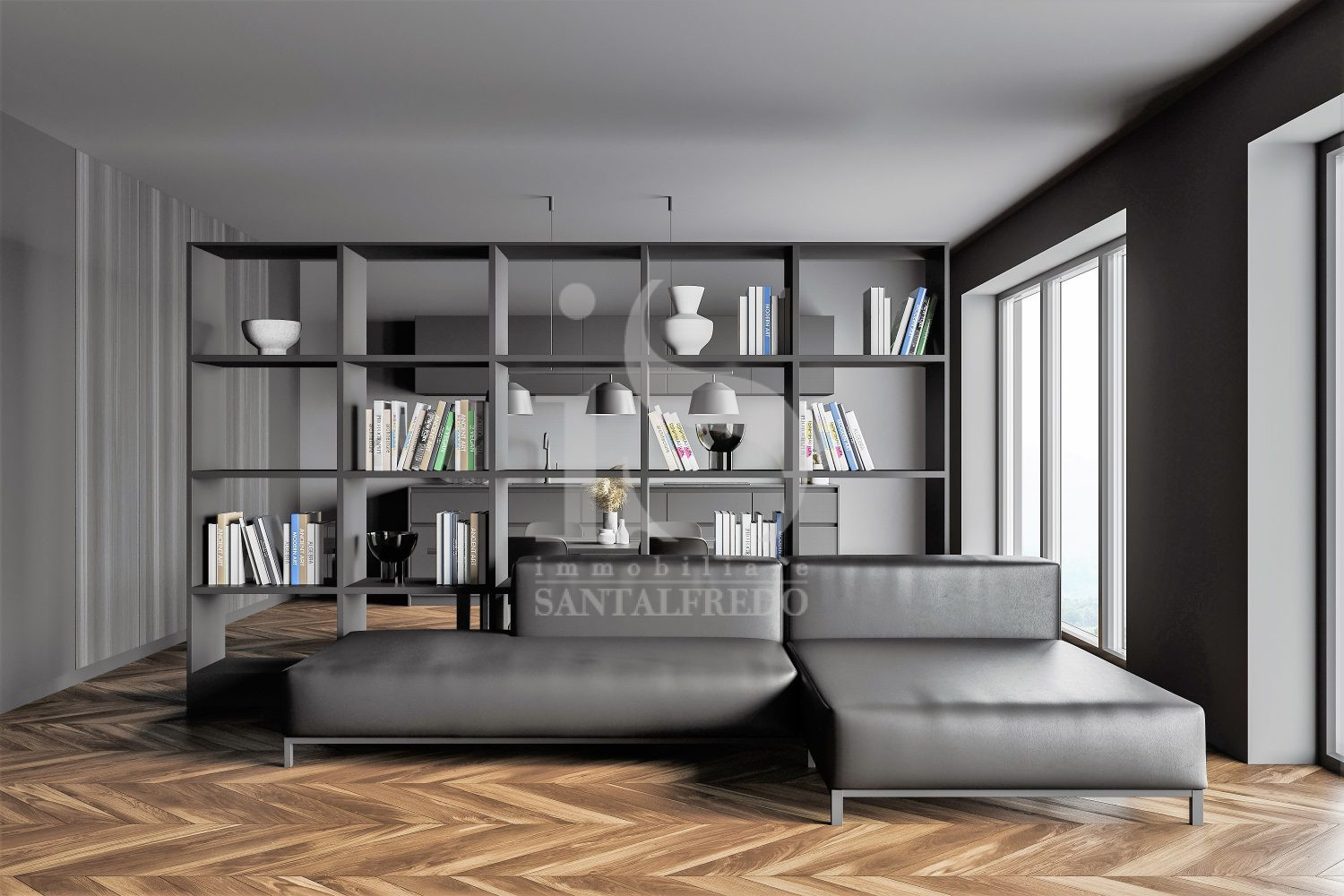 Gray and wooden living room interior with sofa