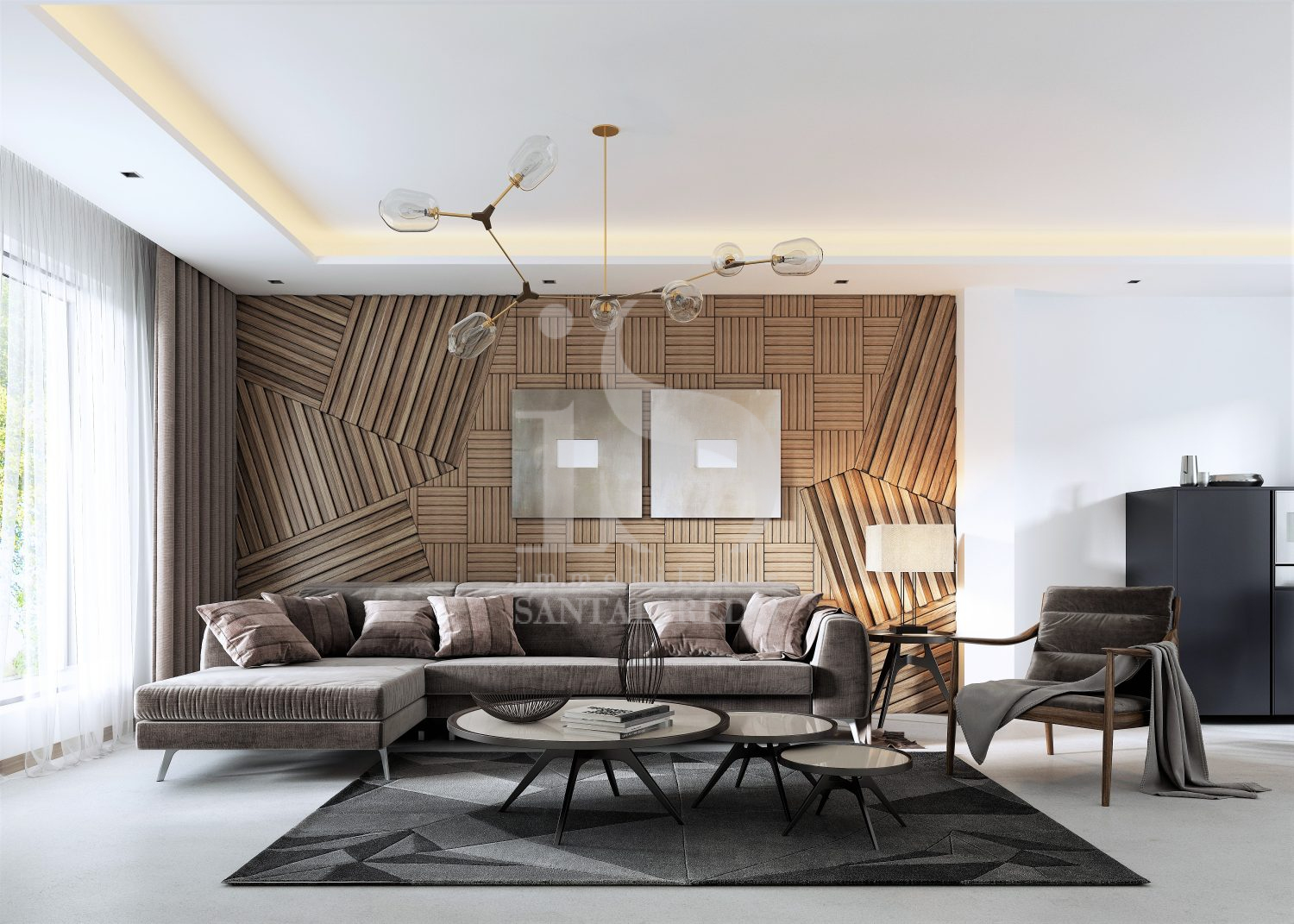 Luxurious living room in Contemporary style with wooden decorative panel on the wall. Studio apartment with a sofa and a dining table.